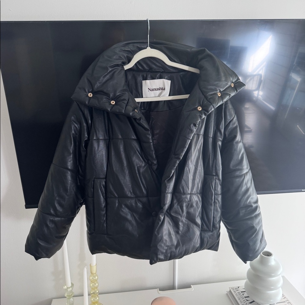 Nanushka black leather hide puffer jacket